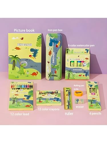 Image of WISHKEY 41 Pieces Dinosaur Theme All-in-One Stationery Set Stationery Items with Pencil Box Notebook Scale Eraser Sharpener Crayons Color Pencils Color Pens Pencils Return Gift for Birthday Kids 6+