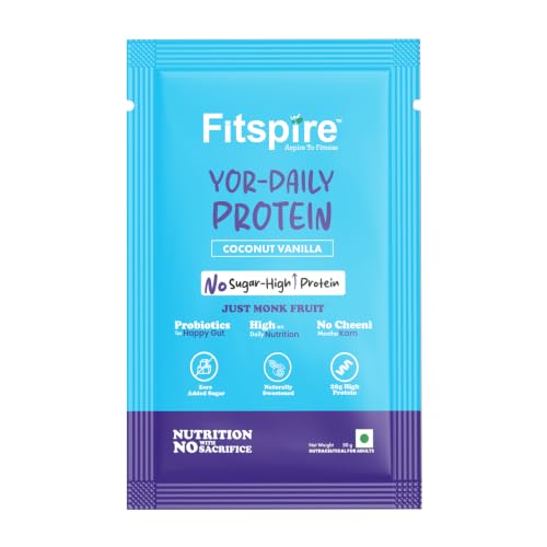 Image of Fitspire YOR Daily Coconut Vanilla Protein Powder 50g | 20g Protein with 24+ Vitamins & Probiotics for Daily Wellness | Zero Added Sugar, Monk Fruit Sweetened