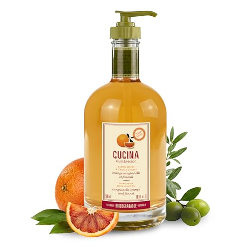 Cucina Fruits & Passion Kitchen Hand Soap, Sanguinelli Orange & Fennel, Natural Liquid Soap with Cold-Pressed Olive Oil, Moisturizing Formula in Refillable Glass Hand Soap Dispenser, 16.9 fl oz