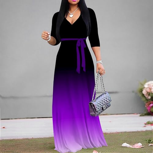 Image of PinkPatty Women's Plus Size Maxi Dress Casual 3 /4 Sleeve Dress with Belt | Soft stretch feel, printed style, flowy A-line fit, v neck, waist tie, side pockets, for vacation, party and daily wear