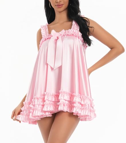 Image of Satini Lingerie Satin Sissy Ruffle Hem Frilly Babydoll Dress Negligee Feminine Cosplay