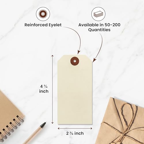 Blank Manila Shipping Tags Set of 200, Size #5, 9pt Paper Cardstock Hang Tag Label with Reinforced Eyelets, 4 3/4\"x2 3/8\" (No Attachments)
