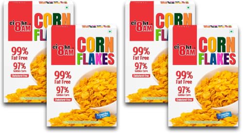 Image of 8 AM Corn Flakes 500 Gram (Pack Of 4), 97% Corn, 99% Fat Free, No Cholesterol, Trans Fat, Artificial Additives, Vitamins B1, B2, B3, B6, B9, Iron, Calcium, Crunchy & Nutritious Cereal