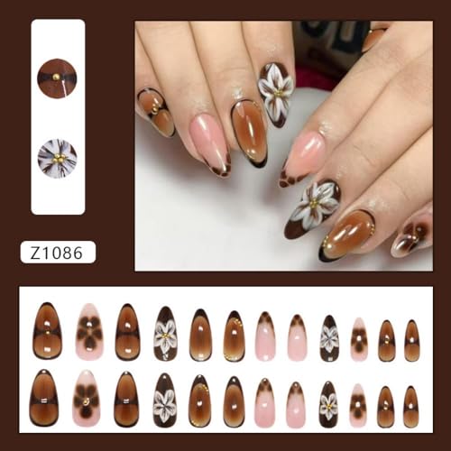 Image of Brown Press on Nails Flower Fake Nails with Leopard print Design French Tip Glue on Nails Medium Almond False Nails Glossy Full Cover Acrylic Ombre Stick on Nails for Women Manicure 24Pcs