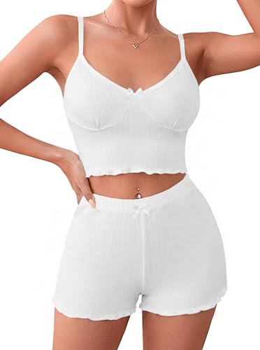 Image of Hilinker Womens Graphic Print Ribbed PJ Set Crop Cami Tops and Shorts Cute Pajamas Set