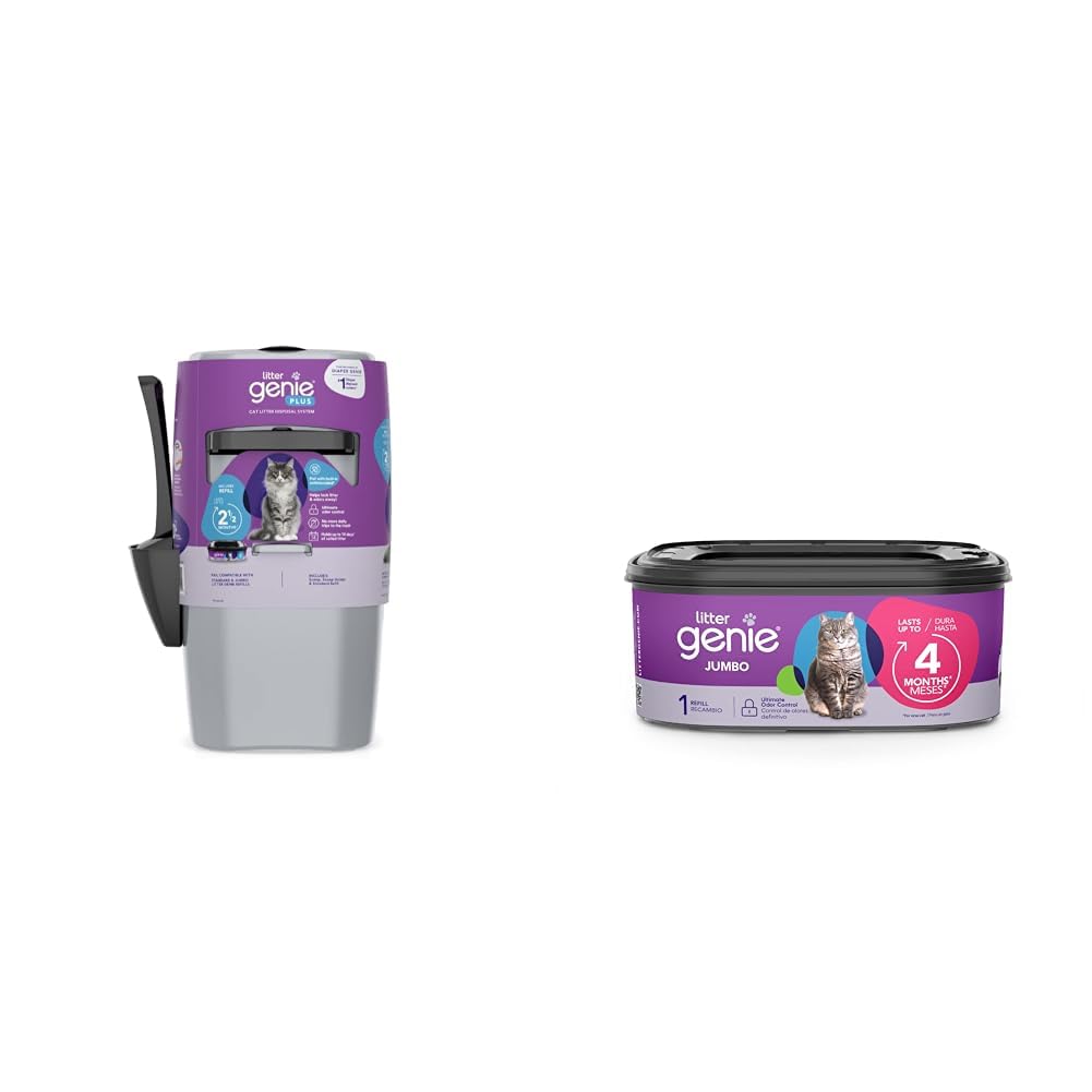 Bundle of Litter Genie Plus Pail (Silver) & Jumbo Refill | Cat Litter Box Waste Disposal System for Odor Control with 1 Starter Refill (18ft) + 1 Jumbo Refill (28ft)