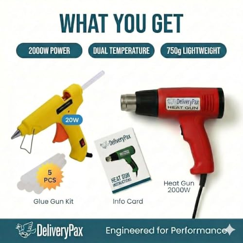 Image of 2000W Heat Gun with 20W Glue Gun & 10 Glue Sticks WITH 6 MONTHS WARRANTY | Adjustable Temperature | Ideal for Industrial Use, Shrink Wrap, PVC, Paint Removal & DIY