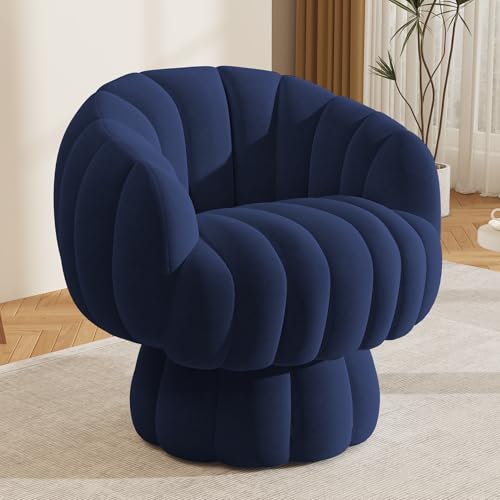 Mid Century Modern 360 Degree Barrel Swivel Accent Sofa Chair,Fluffy Velvet Fabric Lounge Wide Upholstered Pumpkin Reading Chair, Round Cloud Armchair for Living Room,Bedroom,Vanity(Navy Blue)
