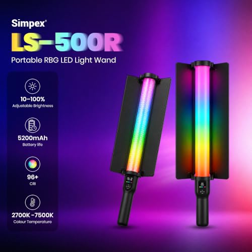 Image of Simpex LS500R RGB LED Photography Light Stick | Rechargeable Video Light with 360 Full Color RGB, 2700K-7500K Bi-Color, CRI 96+, 15 FX Effects, Music Sync Mode for YouTube, Vlogging, Photography