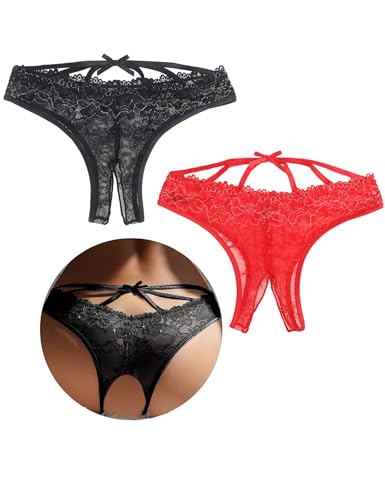 comeondear Tangas Sexy Mujer Abierto Tanga de Encaje Talla Grande Bragas Brasileñas Tanga Abierta Sin Entrepierna Thong Transparente String Ouvert Cintura Baja Divertida Underwear Sexy Negro+Rojo,XL