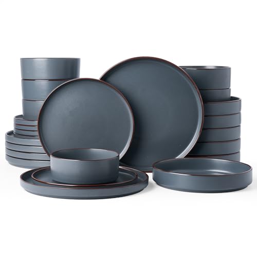 Image of Famiware Nebula Ridge Stoneware Dinnerware Sets with Pasta Bowls, Plates and Bowls Sets, Service for 6 (24 Pieces), Microwave and Dishwasher Safe Kitchen Plates, Charcoal