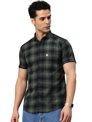 Image of Majestic Man Men Comfort Slim Fit Checked Pure Cotton Half Sleeve Casual Shirt