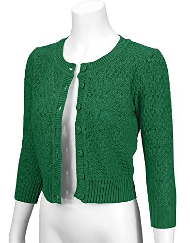 Yemak Women's Cropped Cardigan Sweater – 3/4 Sleeve Crewneck Basic Classic Casual Button Down Soft Crochet Knit Top Mk3514-Kgr-M #TOP1