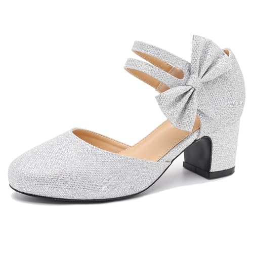 Enelauge Women's Bow Closed Round Toe Ankle Strap Pumps D'Orsay Low Block Chunky Heels Elegant Wedding Bridal Party Dress Shoes