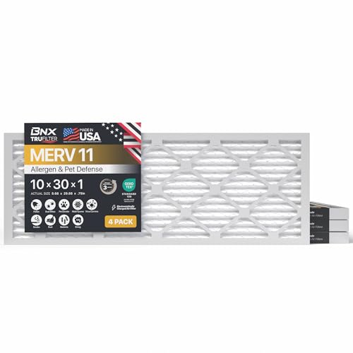 BNX TruFilter 10x30x1 Air Filter MERV 11 (4-Pack) - MADE IN USA - Allergen Defense Electrostatic Pleated Air Conditioner HVAC AC Furnace Filters for Allergies Dust Pet Smoke Allergy MPR 1200 FPR 7