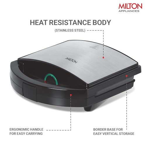 Image of Milton Grill Sandwich Maker HSM033 | 750 Watt Electric Sandwich Griller & Toaster for Home | Non-Stick Grill Plates | Auto Cut-Off | Heat Resistance Body, Cool Touch Handle | 2-Year Warranty | Silver
