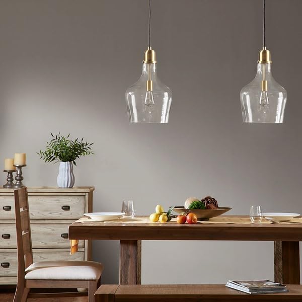Image of Ink+Ivy Auburn Pendant Kitchen Lighting for Dining Room, Industrial Lights, Hand-Blown Glass Bell Shaped Pendant Light for Kitchen Island, Foyer, Bedroom, 13 inch Dia x 95.5 inch H, Gold /Clear