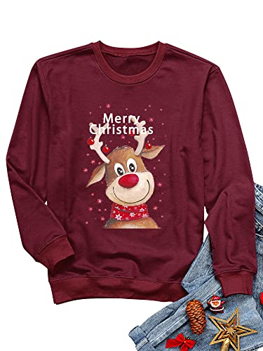 Dresswel Weihnachtspullover Damen Merry Christmas Sweatshirt Lustig Rudolph Rentier Druck Baumwolle Weihnachten Weihnachts Xmas Pullover Weihnachtspulli Teenager Mädchen
