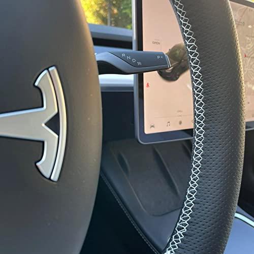 Ipobootech White/Black Perforated Leather Auto Steering Wheel Cover Hand-Stitch On Wrap Fit For Tesla Model 3/Tesla Model Y (Black+White) #TOP7