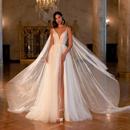 Spaghetti Straps Tulle V Neck Wedding Dresses for Bride with Shawl A Line Beaded Bridal Ball Gowns with Slit Ivory - Thumbnail 5