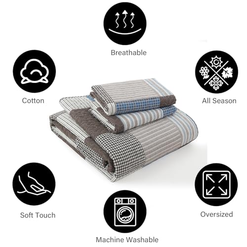 PANGUSHAN 100% Cotton Quilt Set Queen Size, Patchwork Plaid Queen Quilt Bedding Set Bedspreads, Farmhouse Lightweight Comforter Reversible Quilt, Blue/Brown Bed Spread for Queen Bed, 3 Pieces by PANGUSHAN - Used condition - Image 5