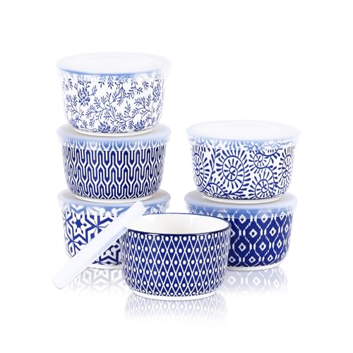 Selamica Ceramic Ramekins with Lids 10 OZ Creme Brulee Ramekins with Covers Oven Safe Custard Cups Small Baking Bowls for Souffle Pudding Onion Soup Dips Set of 6 Vintage Blue