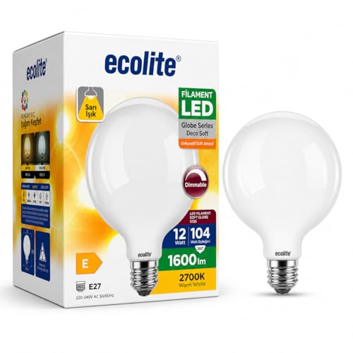 LED Ampul, Ecolite G125 Büyük Boy 12W (104W Eşdeğer) E27 Duy Dimmer Uyumlu 1600 Lümen 2700K Sarı Işık Dekoratif Soft Globe Ampul 178x125 mm