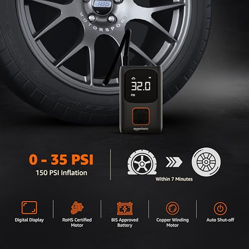 Image of amazon basics Digital Tyre Inflator | 150 PSI | Portable Air Compressor | 2x2000 mAh Battery | Copper Winding Motor | LED Light | Auto Shut-off | Cordless | Multiple Nozzles| Black