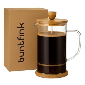Buntfink French Press 1 Liter Glas – Kaffeebereiter mit Edelstahl-Filter & Bambus-Deckel – mit je 2 Kork-Untersetzer & Ersatz-Siebfilter – Kaffeepresse für Kaffee & Tee – spülmaschinenfest, BPA-frei