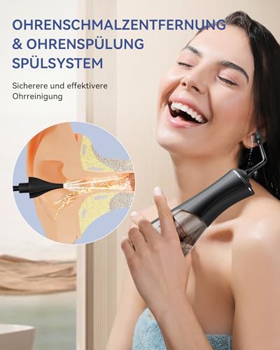 SEEDEAR Elektrischer Ohrenschmalz Entferner, IPX7 Wasserdichter Ohrreiniger-Set mit 4 Modi & DIY Wasserdruck-Ohrspülung - 4 Ohrspitzen im Set, Sicher für Erwachsene & Kinder (dunkel schwarz)