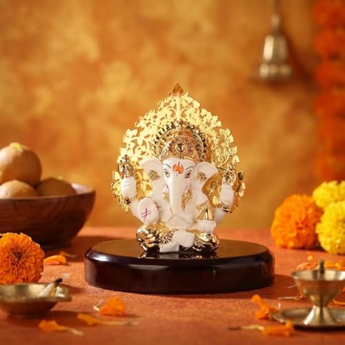 Image of 24k Gold Plated Kalpavrikshya Tree Ganesh Idol Ganpati Murti for Car Dashboard, Office Desk, Hindu God Gift & Home Decor - Resin (White)