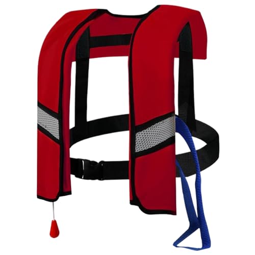 Hperu Chaleco Salvavidas Inflable automático 150N para Adultos Chaleco Salvavidas de Nailon con Hebilla Ajustable, Tiras Reflectantes y Silbato, Manguera Adicional, Rojo (sin Botella de Gas)