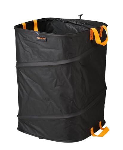Fiskars PopUp-Gartensack mit Griffen, Platzsparend faltbar, Fassungsvermögen: 175 L, Höhe: 70 cm, Breite: 50 cm, Schwarz/Orange, Ergo, 1028372