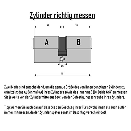 Löwen Sicherheit Profilzylinder 70 mm 35/35 mm mit Not- und Gefahrenfunktion inkl. 5 Zackenschlüssel, Farbe: Silber Metallic