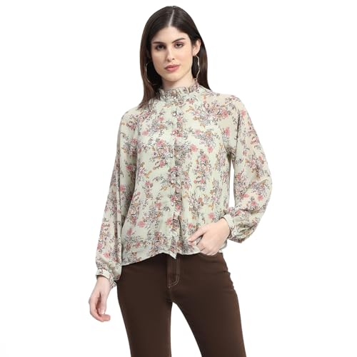 Image of Madame Frill Neck Button Down Mint Floral Print Top