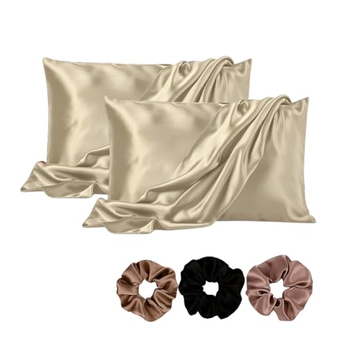 Image of Satin Pillow Covers Set of 2 - Soft & Smooth Pillowcases for Hair & Skin Care | Envelope Closure | Includes 3 Free Random Color Scrunchies | Frizz-Free Sleep Essentials (Taupe)