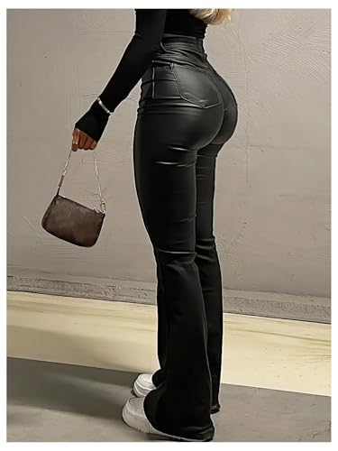 WDIRARA Women's PU Leather High Waisted Bell Bottom Flare Pants Party Club Streetwear4