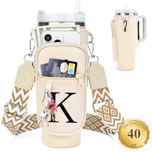 LOKASS Water Bottle Holder with Strap for Stanley Cup 40 oz Tumbler with Handle, Personalized Initial, Water Bottle Carrier Bag with Phone Pocket for Stanley Cup Accessories Cream K