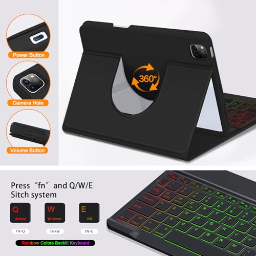 Magic Detachable Keyboard Case for iPad Pro 11 inch(4th/3rd/2nd/1st Gen), iPad Air 11 inch M3 (2025) / M2 (2024), iPad Air 5th/4th Gen, with Pen Holder, Wireless Backlit Keyboard Rotating Cover, Black by VOWUBO - Used condition - Image 3