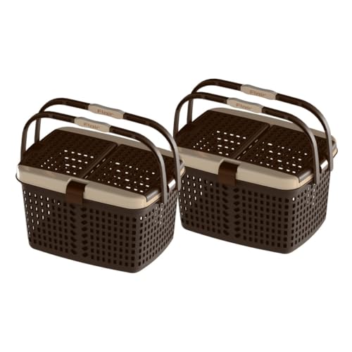 Image of FLAIR Dual Compartment Storage Basket Set of 2 - Sturdy Plastic Organizer with Handles & Lid | Plastic Multipurpose Trendy Shopping Big Basket | Ideal for Kitchen, Bathroom, Laundry & Toys (Brown)