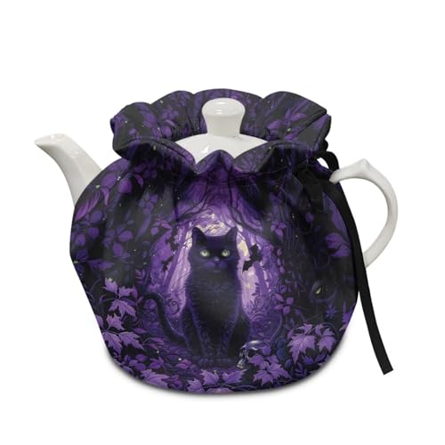 Image of Halloween Tea Cozy Cover Insulated Dust Cover for Teapot Black Cat Tea Pot Covers for Keeping Warm Kettle Protector Washable Portable Kitchen Decoration