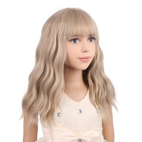 Image of PATTNIUM Blonde Wig Short for Kids Girls Wavy Wig with Bangs Child Flaxen Blonde Wigs Synthetic Cosplay Halloween Party Costume Wigs (Flaxen Blonde)