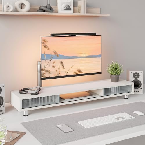 Image of Fenge Dual Monitor Stand, 42.5inch Long Monitor Stands Riser for 2 Monitors, Glass Sliding Door with Storage Organizer Stand for Desk, 2 Tier Desk Shelf for Laptop, Pc, Printer, Computer, TV