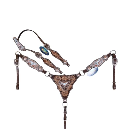 Western Leather Headstall and Breast Collar Set – Sunflower Carving with Steer Head Motif and Copper Congress Conchos – Antique Copper Hardware – Argentina Cow Leather