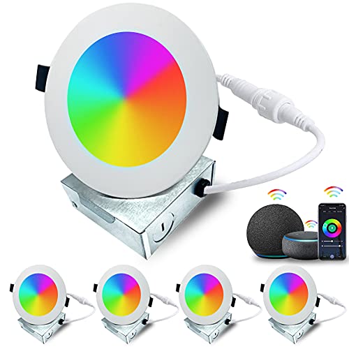 LED Recessed Lighting Slim 4Inch-4Pack - AIJIA Dimmable WiFi Smart Recessed Lighting, Led Downlight with Junction Box, APP Control 9W 720LM High Brightness Compatible with Alexa Google - ETL,DLC,UL
