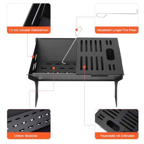 Premium Outdoor Feuerstelle Tragbare, klappbare Feuerstelle mit Kohlerost für Camping, Terrasse & Garten, inklusive Tragetasche & Handschuhe (46 x 32cm) – Bild 5