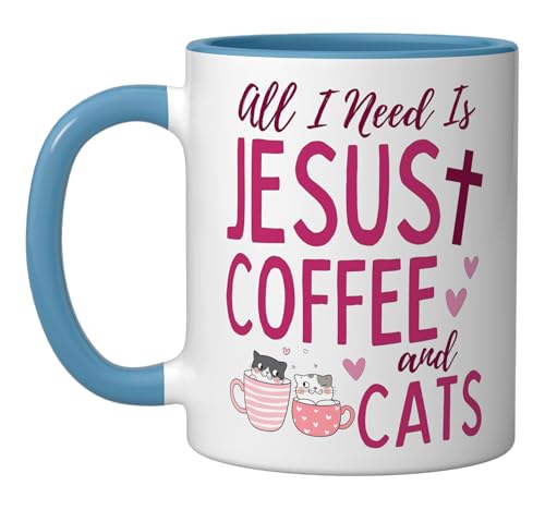 All I Need Is Jesus, Coffee, and Cats Christian Funny Cute Ceramic Mug, Blue/White