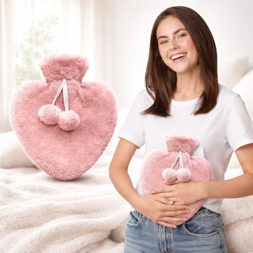 Image of Nuvex Heart Hot Water Bottle with Fluffy Cover & Pom-Poms 1 Litre, Hot & Cold Compress for Period Cramps, Back, Knee & Shoulder Pain Relief, Heat Therapy for Women, Menstrual Care & Winter Comfort, Pink