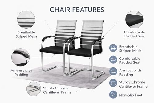 Image of TOBY Cantilever Office Visitor Chair Set of 2 | Breathable Mesh Back & Padded Seat | Conference & Reception Chairs with Armrests | Sturdy Chrome Frame, Non-Slip Feet (2 Chair)