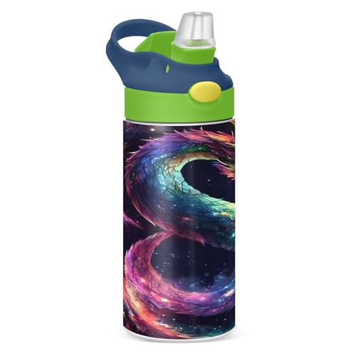 Mnsruu Botella de agua para niños con pajilla, 350 ml, diseño de dragón y galaxia, colorido acero inoxidable, aislado, a prueba de fugas, para niños y bebidas frías y calientes, sin BPA